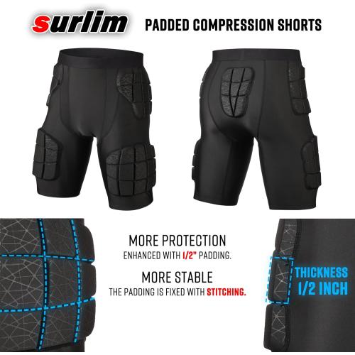 Surlim Football Girdle for Men, 5-Pad Compression Shorts with 12mm Padding | 12mm Sewn-In Pads, Stay-in-Place Fit, Breathable Compression Shorts for Football Practice & Game, Built-in Cup Pocket