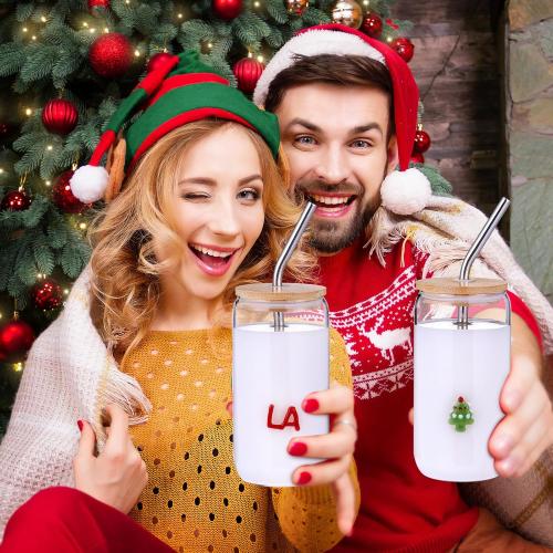 Honeydak 2 Pcs Christmas Icon Juice Glass Tumbler with Lid and Straws - 18 oz Christmas Tree & FA LA LA Drinking Glasses Coffee, Beer, Soda, Juice Cups for XMAS Party Supplies Gift