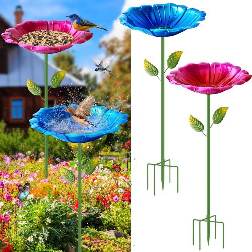 Bird Bath for Outside, 2 Pack Metal Bird Bath for Outdoors with Stake and 5-Pronged Base, 31.5 Detachable Freestanding Flower Shape Bowl Birdbaths Birdfeeder for Garden Yard Lawn Patio Décor
