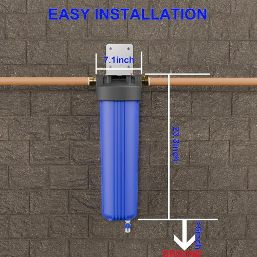 20 x 4.5 Whole House Water Filter Housing with Bottom Drain Port - 1 NPT Brass Ports, BPA-Free Blue Sump, Double O-Ring Leak-Proof - Fits All Standard 20x4.5 Filters