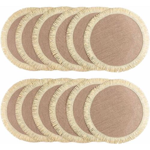 FunWheat  Round Jute Placemats Set of 6  Braided Burlap Table Mats for Dining Table, Heat Resistant Farmhouse Woven Placemats for Fall Farmhouse Decor (Coarse-Edged Sunflower)