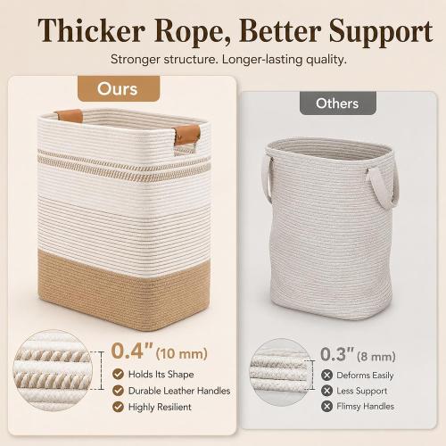 Laundry Hamper, Cotton Rope Laundry Basket with Leather Handles, 21.1-Gallon/80 L Large Clothes Hampers for Laundry, Handwoven Laundry Baskets for Blankets, Children Toys, Bedroom, Living Room