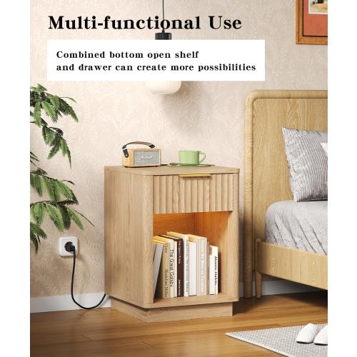 Akxomel Fluted Nightstands Set of 2, Wooden Night Stand with Charging Station and LED Light, Modern Mid Century Bed Side End Table with Drawer, 15 D x 15.7 W x 22.6 H, for Bedroom, Natural Oak