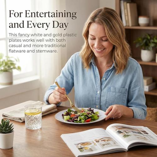 KIRE 100PCS Disposable Plates - White with Gold Rim for Easter/Wedding/Spring Party- Includes 50Pieces 10.25inch Dinner and 50Pieces 7.5inch Dessert/Salad Plates