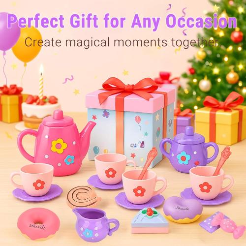 Lajeje Toddler Tea Party Set for Girls Ages 3-5, 23-Piece Pretend Play Tea Set for Kids with Teapot, Cups, Plates & Desserts, Perfect Size for Little Hands, Birthday for Girls