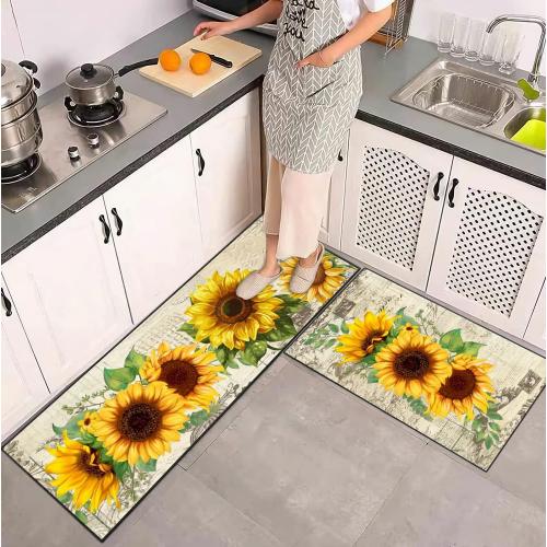ACZHHZC Sunflower Kitchen Rug 2 Piece Set, Non-Slip Absorbent Washable Runner Carpet Home Vintage Farmhouse Kitchen Decoration 17x30 17x47 Inches (Yellow)