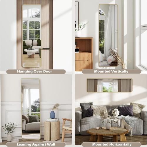 Full Length Door Mirror 14x48, Metal Frame with Protective Film, No-Drilling Hanging or Wall Mount (Horizontal/Vertical), Hooks & Hardware Included, Full Body Mirror for Bedroom, Dorm, Gold