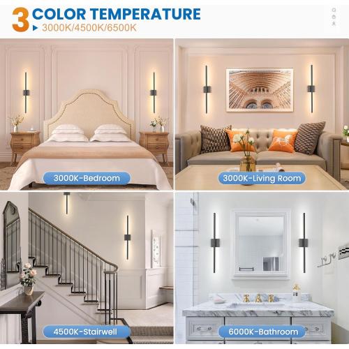 NIORSUN 28 Inch Battery Operated Wall Sconce Set of 2, 360° Rotation Black Rechargeable Wall Lights with Detachable Tube and Remote, 3CCT Dimmable Wall Lamp for Living Room Bedroom Hallway