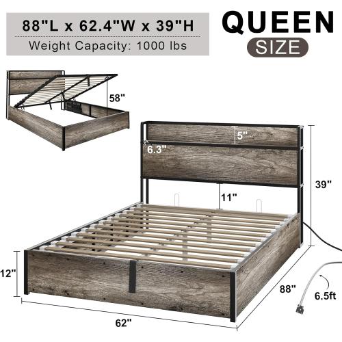 Size Queen Color Grey  Size Lift Up Storage Bed Frame, Wooden Platform Bed Frame with Lifting Storage & Charging Station, No Spring Box Needed/Noise Free, Rustic Grey