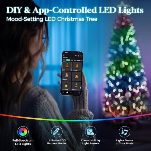 HOLLO STAR 7.5 ft Prelit Christmas Tree with 304 LED Lights, App Control, Slim Pencil Christmas Tree, Multi-Color RGBW Lights, 950 Flocked Frosted Tips, Xmas Tree, 72 Pine Cones, for Home, Party