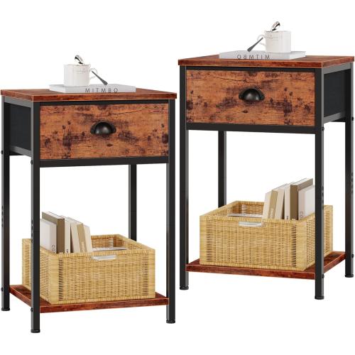 Furologee Nightstands Set of 2, Night Stand with Fabric Drawer and Storage Shelf, Retro Bedside Sofa Tables for Small Place, End Side Tables Living Room Bedroom, Rustic Brown