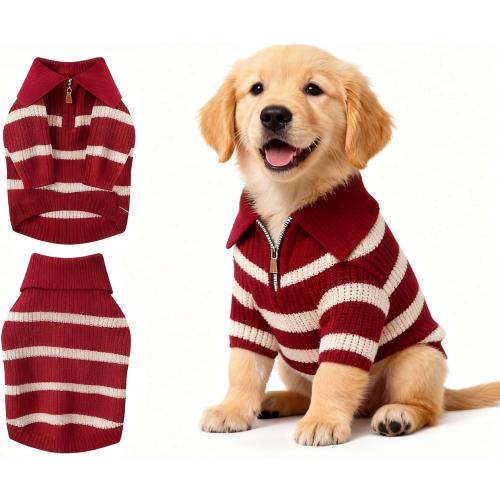 Small Dog Sweater with Zipper, Knitted Striped Pullover Dog Clothes for Cold Weather, Thick Warm Cozy Stretchy Sweater for Chihuahua, Bulldog, Dachshund, Pug(Red & White Strip, XXL)