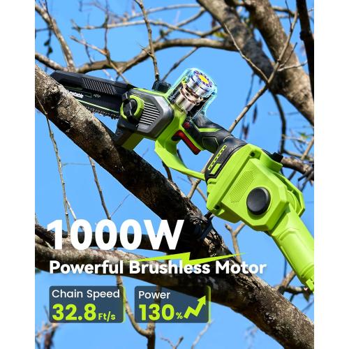 10 Inch Electric Pole Saws for Tree Trimming, 1000W Brushless Pole Saw and Mini Chainsaw 2 in 1, 2*4000mAh Battery, Lightweight Tree Saw with Extension Pole, 16Ft Max Reach Tree Trimmer Branch Cutter