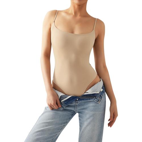 SUUKSESS XL Women Tan Sexy Square Neck Thong Bodysuit Backless Cami Bodysuit Top