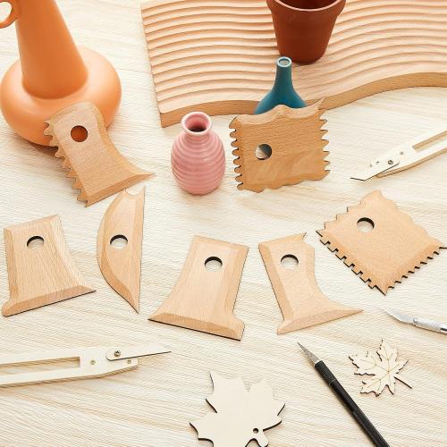 Amylove 7 Pcs Pottery Tools Pottery Foot Shaper Trimming Tools Profile Rib Bundle Foot Shaper for Ceramics for Carving Clay Molds Clay Texture Ribs Ceramics, Beech Wood (Wood Color)