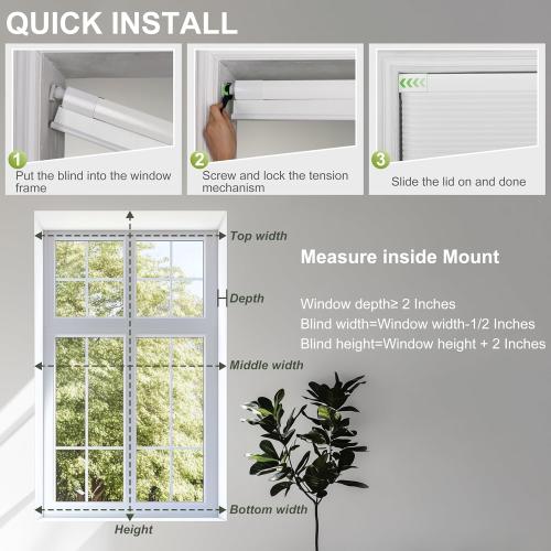 No Drill No Tools Blackout Cellular Shades Easy to Install for Indoor Windows Cordless Honeycomb Blinds Noise Reduction Thermal Insulated,White,34.5 W x 64 H