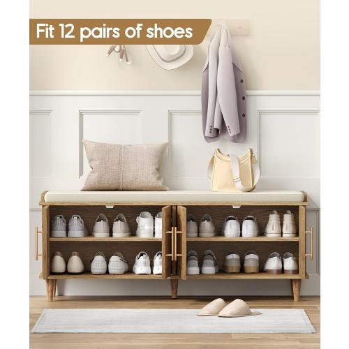 Akxomel Rattan Shoe Storage Bench with Cushion, 2-Tier Entryway Bench with Adjustable Shelves and 4 Doors, Solid Wood Legs, for Hallway, Living Room, Bedroom, Natural Oak *DAMAGED BOX*