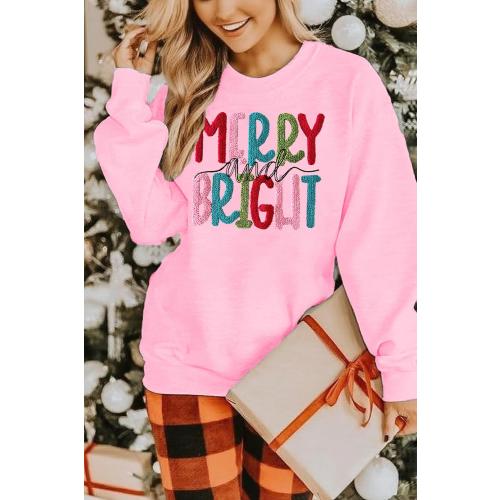 Merry Christmas Sweatshirts Women Merry And Bright Christmas Pullover Top Chenille Patch Letter Printed Xmas Gifts Top