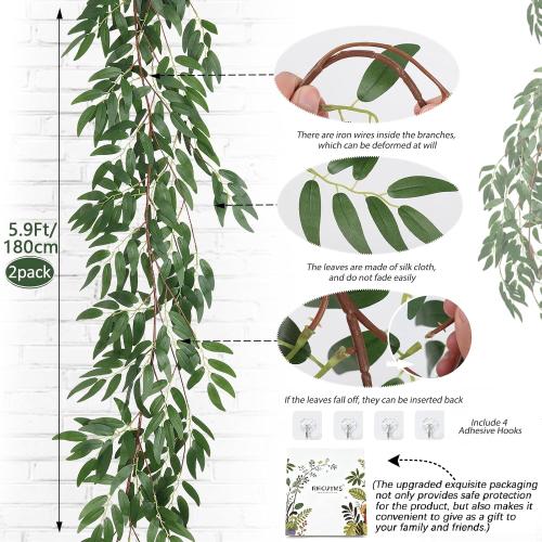 RECUTMS Artificial Willow Leaves Vine Twigs 2Pcs 5.9Ft Fake Hanging Ivy Plants Silk Green Leaf Rattan Garland Greenery Decor for Indoor Outdoor Home Wedding Arch Jungle Beach Birthday Party Garden