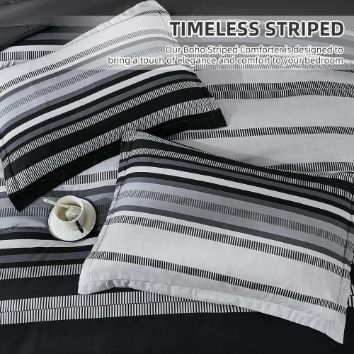 Dobuyly Black Comforters Queen Size Set 7 Pieces, Boho Striped Grey Bed in a Bag Queen Soft Microfiber Bedding Set with Comforter, Sheets, Pillowcases & Shams All Season