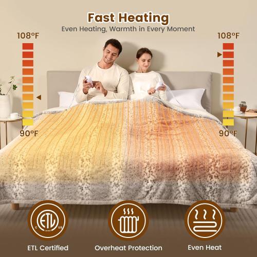 Bearhug Electric Blanket Heated Blanket King Size 100x 90 Dual Controllers Heating Blanket Gift Reversible Faux Fur & Sherpa,10 Heating Levels, ETL, Machine Washable, Over-Heat Protection*** GREY***