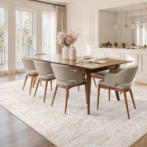 Size 8x10 Color White Area Rugs for Living Room, Stain Resistant Washable Rugs for Dining Room, Kitchen, Floral Vintage Non-Slip Thin Large Beige Rug