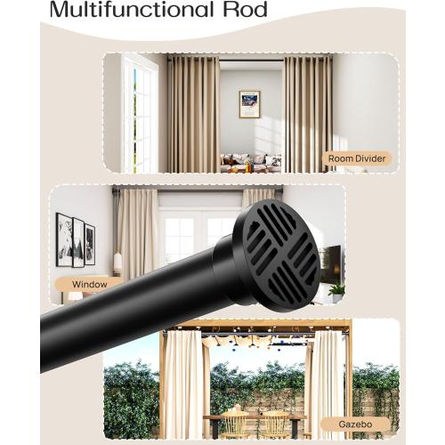 Tension Curtain Rod by EZFurni, 82 to 123 Inch Adjustable, No Drill Curtain Rods for Windows, Heavy Duty Tension Rod for Window Treatment, Room Divider with Blackout Curtains, Renter Friendly, Black