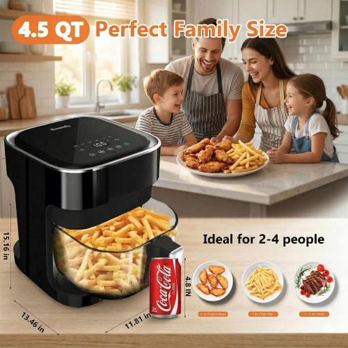 Glass Air Fryer, Non-Toxic Borosilicate Glass Basket with 360° View, Upgraded Food-Grade Stainless Steel Tray, 8-in-1 One-Touch Presets, Teflon-Free & Dishwasher Safe, Black