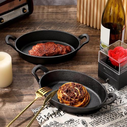 Mifoci 2 Pcs Oval Serving Dish Mini Cast Iron Skillet Cast Iron Baking Pan Sizzling Plate Matte Black Gratin Cookware for Home Restaurant Kitchen Food Service Barbecue (10.8 X 6.1)