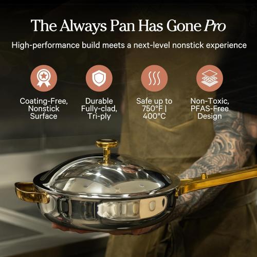 Our Place Titanium Always Pan Pro | 10.6 PFAS-Free Nonstick Frying Pan with Spatula | Chef-Grade Tri-Ply Stainless Steel & Aluminum Build | Induction & Oven-Safe up to 750°F | Gold
