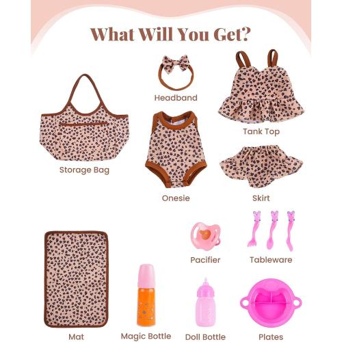 BABESIDE 13Pcs Baby Doll Clothes and Accessories for 10-12 inch Dolls, Baby Doll Feeding and Care Set with Carry Bag, Bottles, Tableware, Baby Doll Outfit for Doll Girl Boy (Leopard Pattern)
