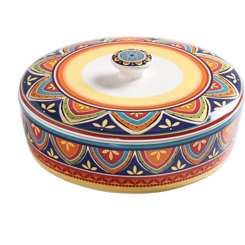 Bico Tunisian Ceramic Tortilla Warmer, 8.9 Inch Tortilla Holder with Lid for Taco Bread Pancake for Mexican Night and Party, Microwave and Dishwasher Safe