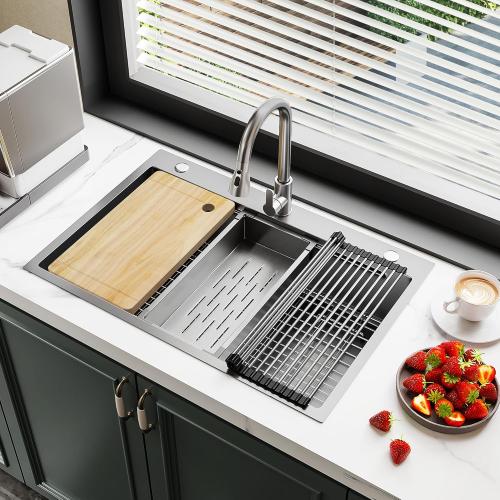 YITAHOME Drop In Kitchen Sink Workstation with Pull-down Faucet, 304 Stainless Steel Single Bowl Top Mount Sink w/Ledge & Accessories, Honeycomb Surface Design, 33 x 22 x 10 in, Silver