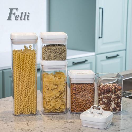 Felli Flip Tite Storage Container with Lid 4 Airtight Ring Seal Top, Stackable Acrylic Canister Jar Set for Kitchen Pantry Organizer, Food Spice Pasta Snack (5pk, Variety)