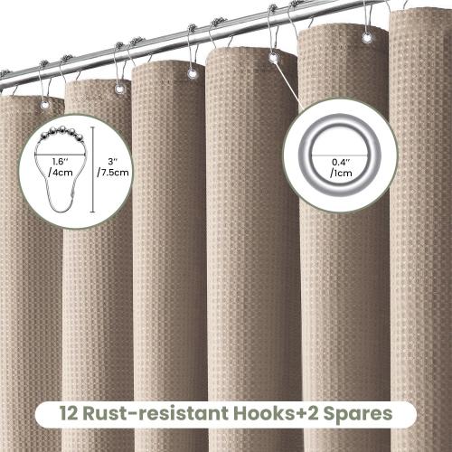 Inhousolu Fabric Shower Curtain Waffle Weave, 230 GSM Heavy Duty, Weighted Hem, 14 Metal Hooks, Water Repellent, Machine Washable, Hotel Spa Luxury Bath Curtain Set, 72 x 84 Inch, Beige