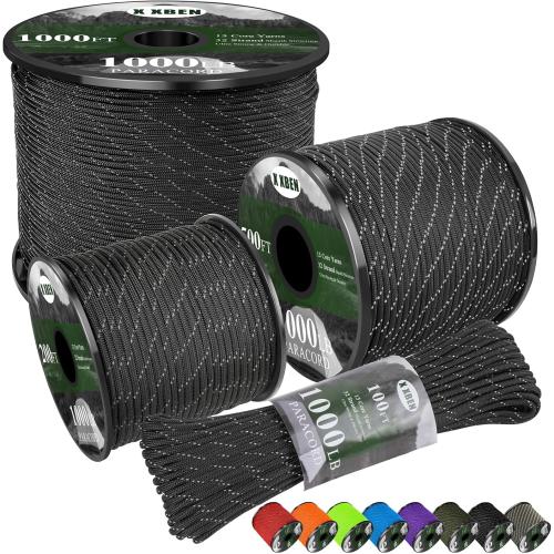 X XBEN Paracord Reflective 1000lb, 300FT 4mm, 13 Strand Parachute Spool Cord, Heavy Duty Paracord Rope for Camping, Fishing, Hiking, Hunting, DIY Crafts, Black