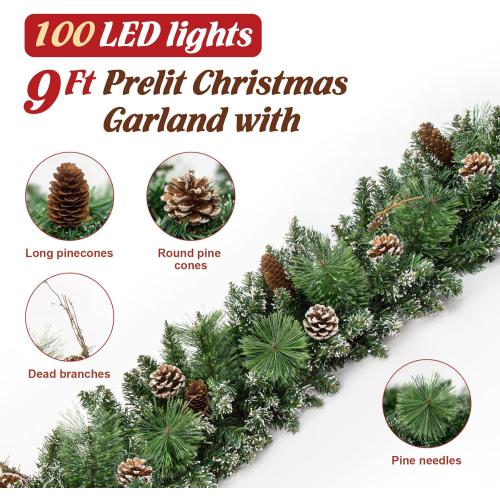 Jin&Bao 9FT Christmas Garland with Lights, 100 LED Prelit Green Pine Garland Christmas Decorations with Timer Function, 3AA Battery Operated Xmas Garland Fireplace Door Stairs Home Outdoor