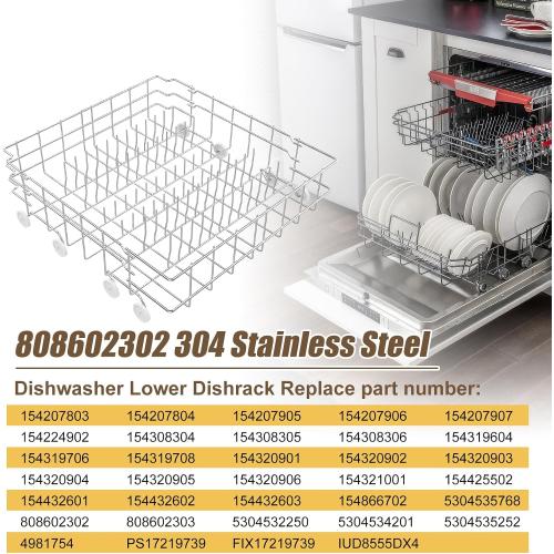 UPGRADED 304 Stainless Steel 808602302 5304535768 Dishwasher Lower Rack Replacement Compatible with Frigidaire Dishwasher Rack Parts with 154174501 Wheels Replaces 154432602 154432601 Dishwasher