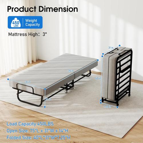Folding Bed with Mattress, Portable Foldable Bed for Adults, Roll Away Guest on Wheels, Memory Foam Mattress and Metal Frame, Space Saving Fold Up for Easy Storage, 75 x 31