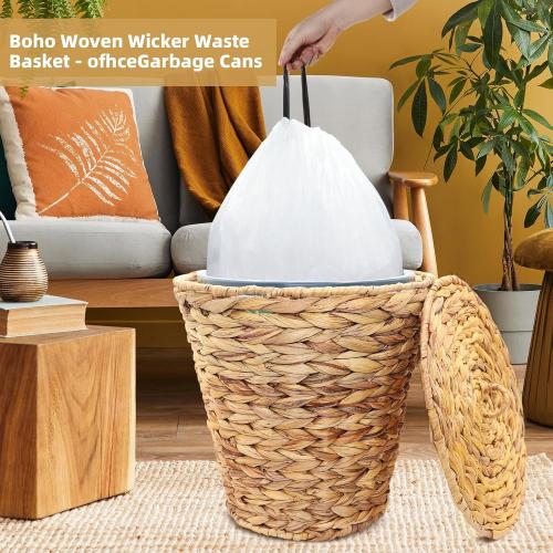 4 Gallons Wicker Waste Basket Can with Lid & Liner, Handwoven Wastebasket Wastepaper Basket with 60Pcs Bag, Wicker Trash Garbage Rubbish Can Bin Basket for Bedroom Bathroom Office Kitchen