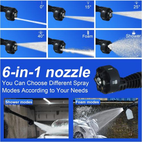 Cordless Pressure Washer 1450 PSI, Cordless Power Washer Gun, 2 4000mAH Battery Operated Power Pressure, Portable High Pressure Washer with 6-in-1 Nozzel for Car/Floor/Fence/Sidewalk, Black