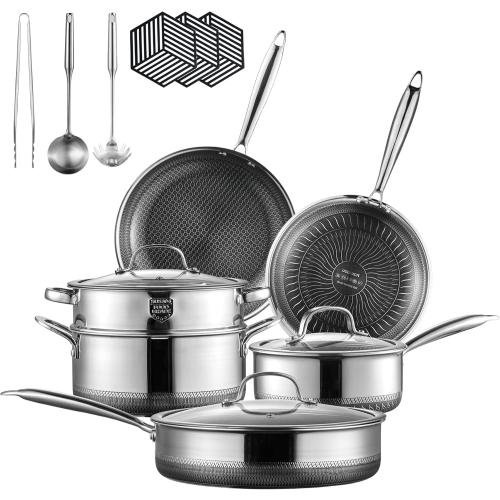 Hybrid Nonstick 15 Piece Pots and Pans Set Tri-play Stainless Steel Cookware Sets Non-toxic PFOA Free Frying Pan with Glass Lids, Stay-Cool Handles, Induction Dishwasher & Oven Safe