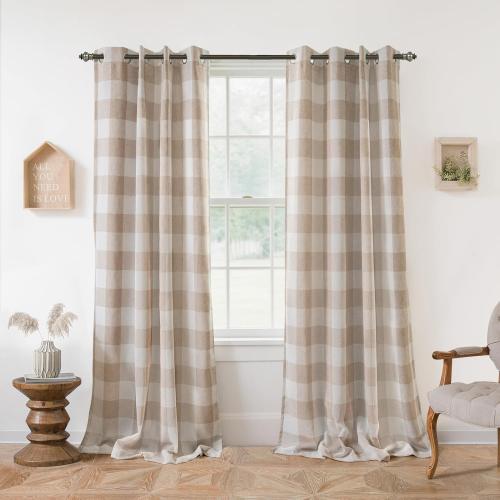 DriftAway Buffalo Plaid Blackout Curtains Linen Textured Farmhouse Double Layer Thermal Insulated Yarn Dyed Woven Checkered Gingham Grommet Drapes for Living Room 2 Panels Each 52W x 84L Taupe