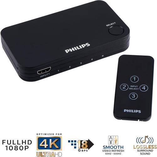 Philips 4 Device HDMI Switch, Wireless Remote, Use with 4K Smart TV Roku Xbox PS3 PS4 Fire Stick DVD Blu Ray Fire TV HDTV Cable Box PC, 4K 1080p 60 FPS, Ultra HD, HDCP 2.0, Black, SWV9484B/27