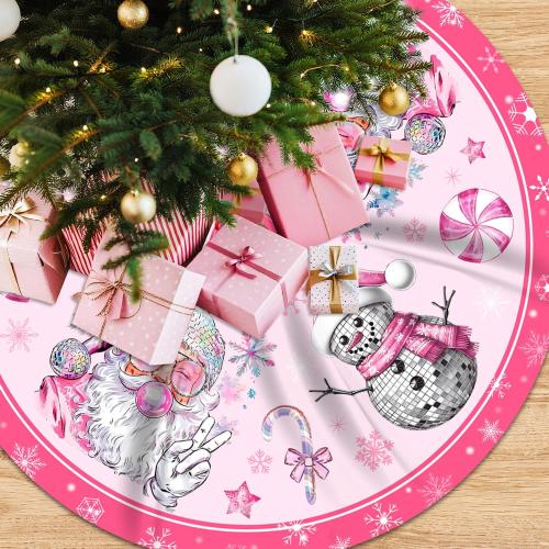 Pink Christmas Tree Skirt Disco Ball Snowman and Santa Claus Christmas Tree Skirt 48Inch Merry Xmas Party Decorations for Holiday Winter New Years Winter