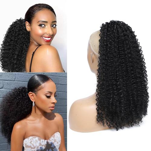 Drawstring Ponytail Afro Kinky Curly Ponytail Extension for Women 20” Synthetic Heat Resistant Protective Style Hair Pieces (Black)