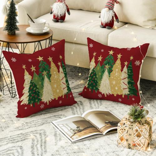 AVOIN colorlife Christmas Trees Star Red Throw Pillow Covers Set of 2, 18 x 18 Inch Snowflake Seasonal Winter Holiday Cushion Case Decoration for Sofa Couch