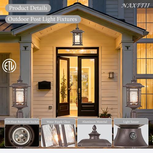 Dusk to Dawn Lamp Posts Outdoor Lighting Waterproof Outdoor Post Lights with Water Ripple Glass 16.5 Inch Height ORB Finish Lamp Post Light Fixture for Yard Patio Pathway Garden E26 Socket