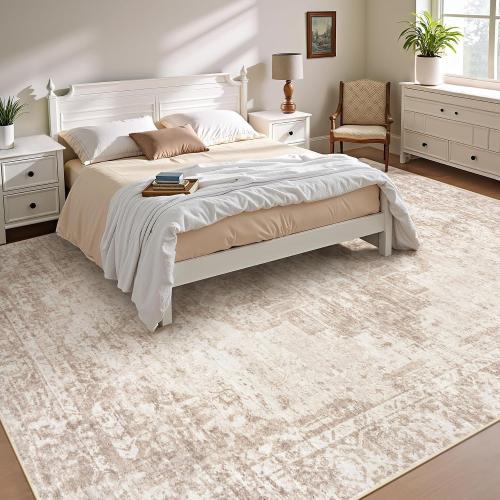 Area Rugs 9x12 Living Room: Large Vintage Living Room Rug with Non-Slip Backing Low Pile Rugs Soft Indoor Floor Thin Carpet Neutral Carpets for Bedroom Dining Room Farmhouse Nursery Brown/Cream