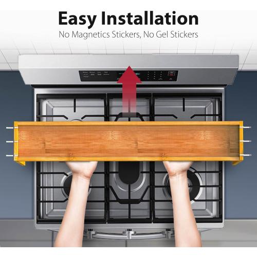 IIIOIIIA Bamboo Over The Stove Spice Shelf for Kitchen Storage, 31.5 Kitchen Spice Rack Organizer Stove Top Shelf with 6 Hooks, 11.4 Height Extra Storage Countertop, Easy to Assemble